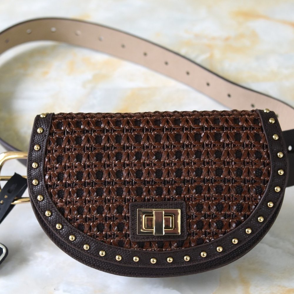 Steve Madden Woven Bag Belt Faux Leather Brown - Size Large